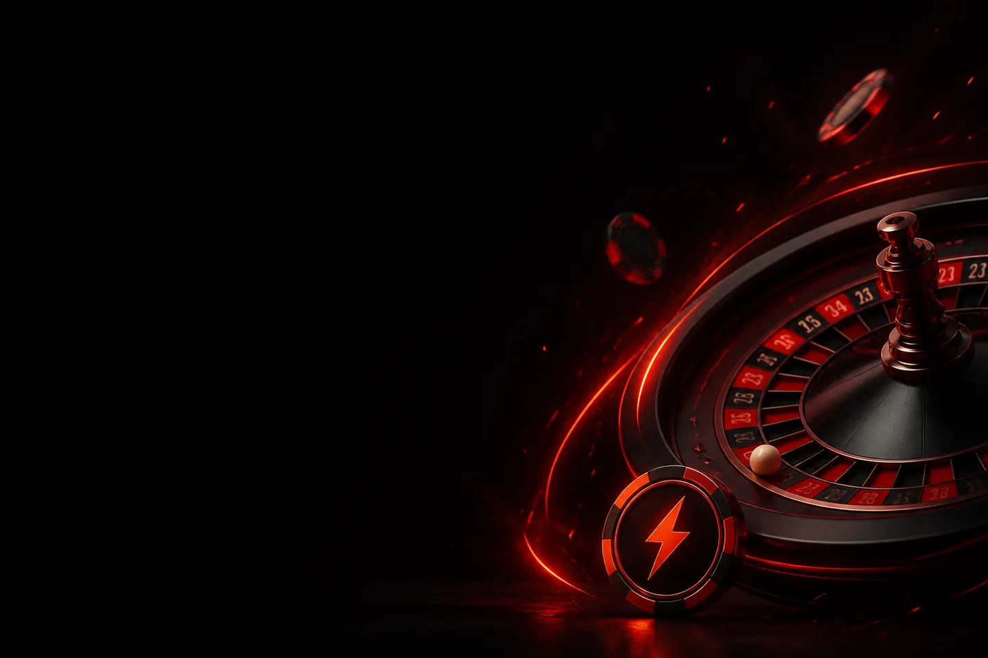 Dramatic casino scene with glowing 7s, diamonds, and chips emerging from a red energy burst, lightning-bolt motif.